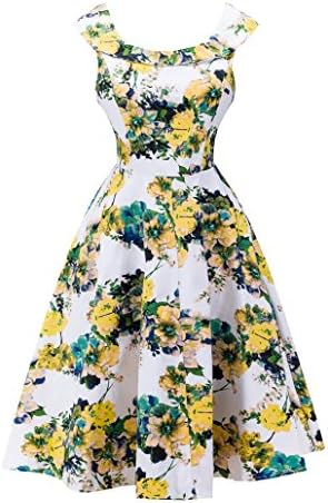 Women's Floral Print Retro Rockabilly Style Solid Big Hem Bubble Dress Elegant Audrey Hepburn Dress