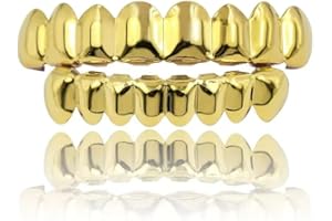 ASLLRISONY Unisex Gold-Plated Brass Hip Hop Imitation Diamond Fang Vampire Grillz, Halloween Costume Accessory Cosplay, Teeth Grillz with Extra Molding Bars