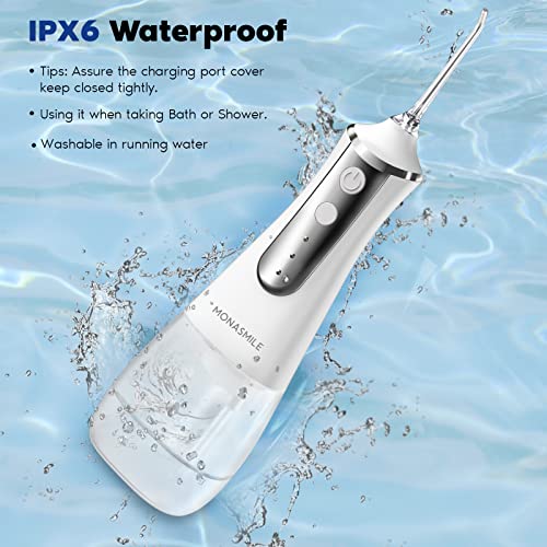 MonaSmile Water Dental Flosser Cordless- 3 Modes & IPX6 Waterproof & 5 Nozzles - 300ML Portable Oral Irrigator for Teeth Deep Cleaning, Home Travel Use (White)