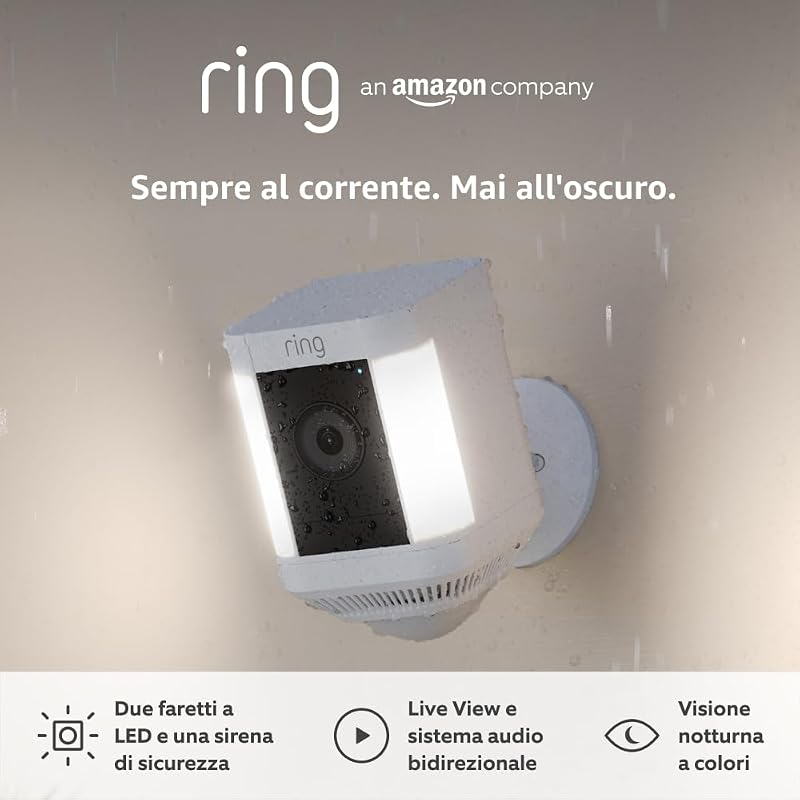 videocamera Plus con faretti a batteria (Spotlight Cam Plus) | Telecamera di sorveglianza wifi per esterno con video HD 1080p, audio bidirezionale, fai-da-te | Ring Home: 30 gg. prova gratuita