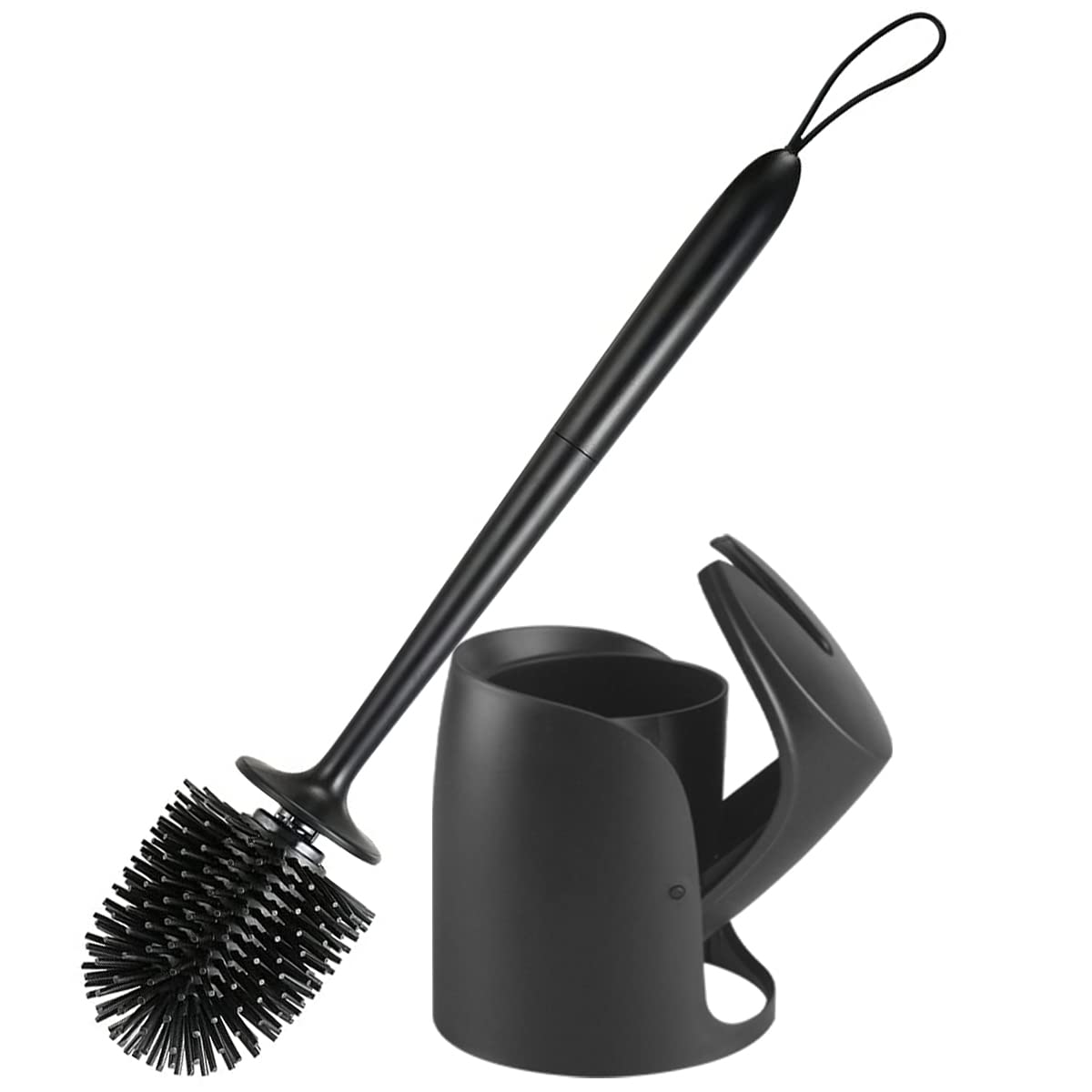 Braoses Toilet Brush with Holder Set - Long Handle Silicone Brush and Automatic Closing Holder for Bathroom or Guest Standing (Black)