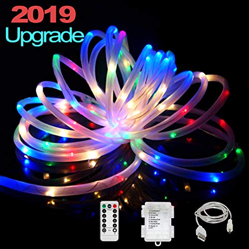 IELECMG LED Rope Lights,Battery Powered String Lights 33FT 100LEDs Fairy Lights with Remote,USB Rope String Light 8 Modes Waterproof Color Changing Tube Lights Dimmable for Patio Christmas Fence Boat