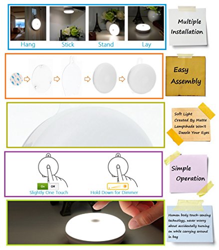 Rechargeable Touch Light, RTSU DIY Stick Anywhere Led Night Light Touch Lamp Tap Light (Touch Sensor Switch, Stepless Dimmer, Last Setting Memory, Built-in Battery Powered, Warm White Light)