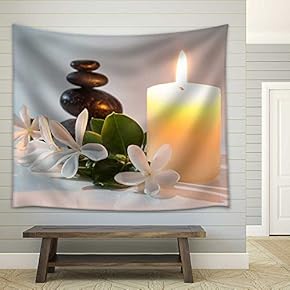 Tiare Flowers, Candle and Black Stone Spa - Fabric Wall Tapestry Home Decor - 51x60 inches