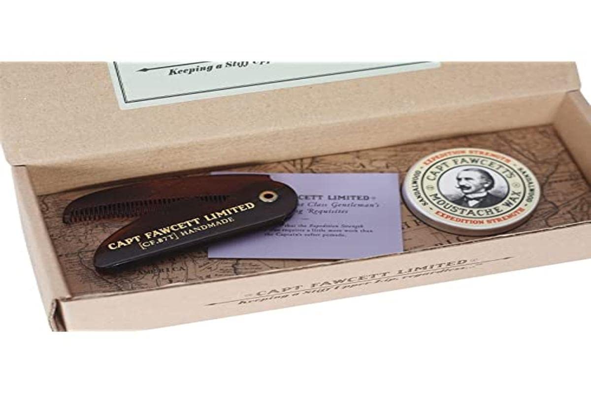 Captain Fawcett's Moustache Wax (Expedition Strength) & Folding Pocket Moustache Comb (CF.87T) Gift Set - Made in England