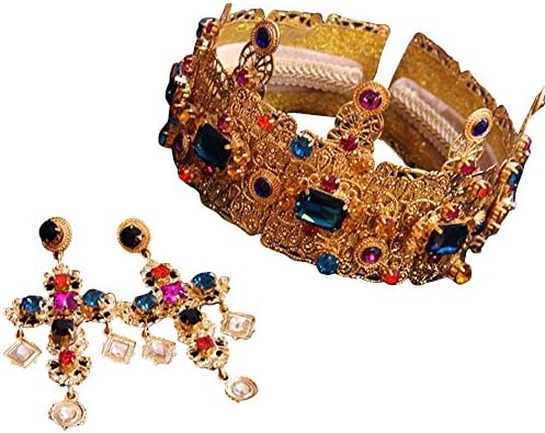 Women Golden Jewel Crown Tiaras Bride Wedding Accessories Hair Head Wear with Ear Stud Rhinestone Jewelry
