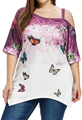 Women's Plus Size Tops, Leedford Women Butterfly Print Irregular Hem Short Sleeve Tops Pullover T-Shirt Blouse (XL-5XL) (3XL, Purple)