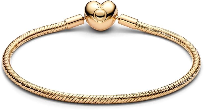 Moments pulsera de cadena de serpiente con cierre de corazón en plata de primera ley con aleación metálica chapada en oro, compatible con Moments, tamaño: 18, 563050C00-18