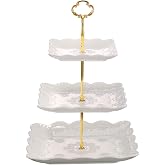 Sumerflos 3 Tier Porcelain Cupcake Stand, Tiered Serving Cake Stand, Square White Embossed Dessert Stand, Weddings Parties Pastry Serving Tray