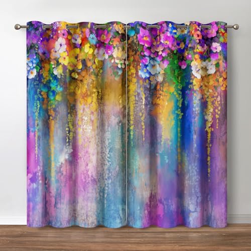 Jekeno Floral Blackout Curtains Weeping Purple Flowers Floral Decor for Home Bedroom Living Room Colorful Darkening Grommet Window Drapes 2 Panel Set, 52