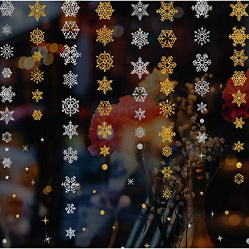 Tenrany Home Christmas Snowflakes Window Stickers Decorations, Reusable Gold and Sliver Glitter Snowflakes Baubles Bells Xmas Wall Clings Decals for Christmas Home Shops Glass Decor Ornaments