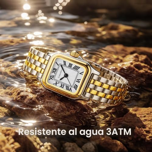 Relojes de oro para mujer, vintage, rectangular, delicada, joyería, reloj de pulsera pequeño, reloj delgado para mujer, esfera clásica con números romanos, resistente al agua hasta 3 ATM, con