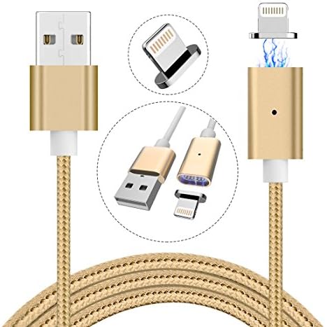 Magnetic Charging Cable for iPhone, Lightning USB Magnet Charger Apple Charge Cord Accessories for  iPhone 5 5S 6 6S Plus 7 7Plus 8 X iPod iPad (Gold- Nylon)