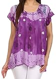 Sakkas 43614 - Short sleeve tie dye gingham peasant top with sequin embroidery - Purple - OS