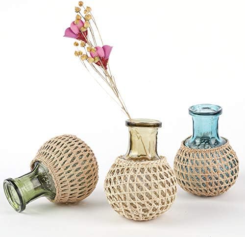 Serral 5" Colorful Glass Flower Vases with Rope Design for Home Décor Living Room Office Set of 3