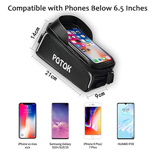 Potok Bicycle Phone Mount Bag, Waterproof Front Frame Bike Bags Sensitive Touch Screen Large Capacity Sun Visor Top Tube Bike Bag Compatible with iPhone Xs Max/ 8Plus, Galaxy Note 9