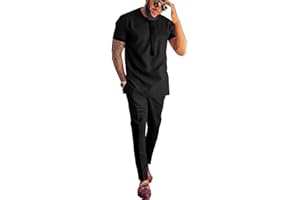 ATLYCOLOR African Attire for Men Solid Color Short Sleeve Shirt Pants 2 Piece Set Outfit Dashiki Suit Clothing