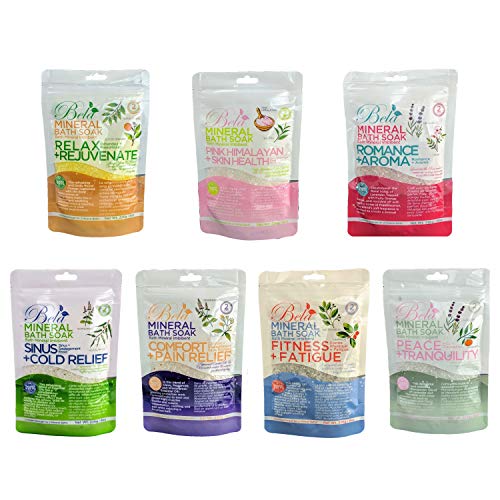 Bela Mineral Bath Soaks, Natural and Organic Magnesium Salt Solution with Pure Essential Oils for Relief and Relaxation – 8 oz Pouch, Gift Set of 7