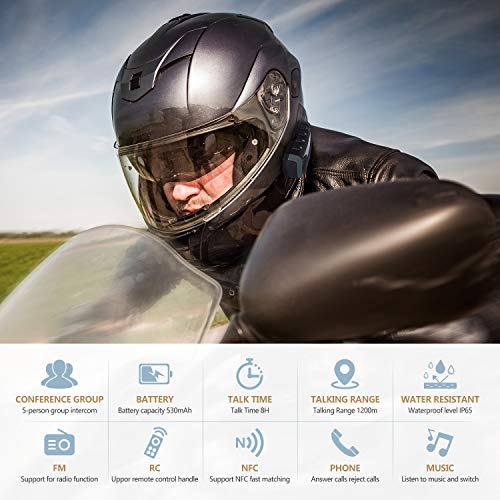 V8S 5 Riders Helmet Intercom Systems with Advanced Noise Cancellation and Remote Control Handle,Motorcycle Bluetooth Headset with FM Radio and NFC Call Answer Reject,Range up to1200M - Thumbnail 3