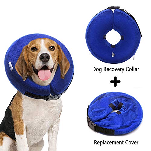 Wellbro Dog Cone Collar, Soft and Inflatable Dog Comfy Cones After Surgery, Adjustable Pet Recovery Collar with Extra Velvet Cover, Protective E-Collars with Buckle for Dogs and Cats (Medium, Blue)