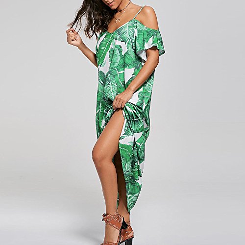 Mysky Summer Women Casual Leaf Print Short Sleeve Long Dress Ladies Popular Off The Shoulder Beach Sling Loose Dress Green