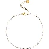 NONAMOIS Ankle Bracelets for Women Dainty 18K Gold Plated Anklet Waterproof Round Beaded Paperclip Herringbone Pearl Chain Anklets Waterproof Beach Foot Jewelry