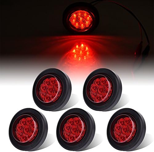 LTPAG 5pc 2 Inch 9 LED Round Trailer Side Marker Light Red With Grommets, Reflector LensIP67 Waterproof Flush-Mount Red Round Trailer Lights