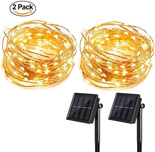 2 Pack T HomeLight Solar Power String Light 33FT 100Leds Warm White ON/OFF Flash 2 Mode Copper Decor Led Light, Patio, Yard, Travel, Motor Home DIY Picture Wall
