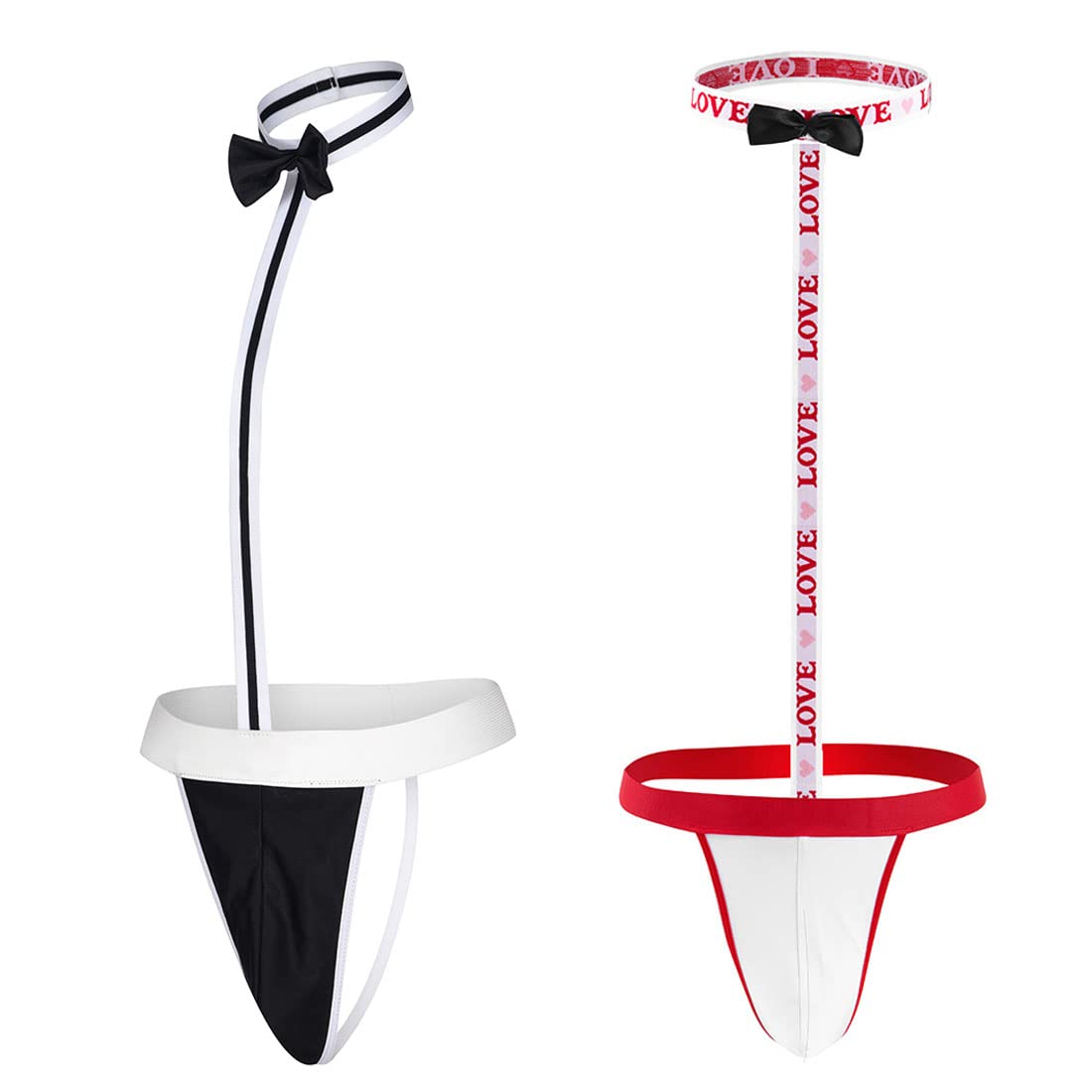 VemeFufu Men's Waiter Butler Teddy Mankini Cosplay for Men UK Hot Funny String Bow Tie Bowknot Costume Novelty Gift Black + Red LOVE Thongs Bodysuit