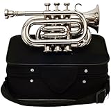 Queen Brass B-Flat Pocket Trumpet Silver Finish Compact Brass Instrument with Mouthpiece Gloves and Carrying Case for Students Beginners and Travel Friendly