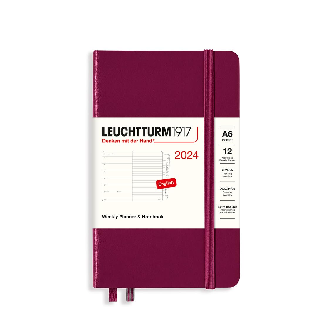 LEUCHTTURM1917 367737 Weekly Calendar & Notebook Pocket (A6) 2024, 12 Months, Port Red, English