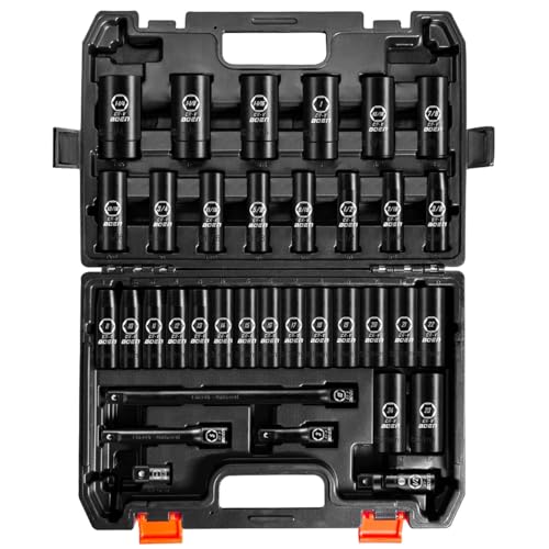 BOEN 1/2-Zoll-Antrieb, tiefer Schlag-Steckschlüsselsatz, 35-teiliges Steckschlüssel-Set, SAE 3/8 Zoll bis 1-1/4 Zoll,metrisch 8 bis 24 mm, 6-Punkt, Cr