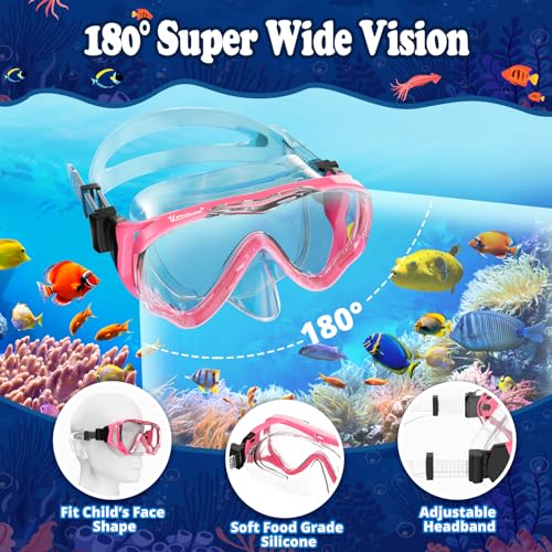 UPhitnis Children's Snorkel Set - Diving Goggles Anti-Fog and Dry Snorkel - Anti-Leak Diving Mask Dry Snorkel - Snorkelling Set for Boys Girls - Pink, Blue, Black, Yellow