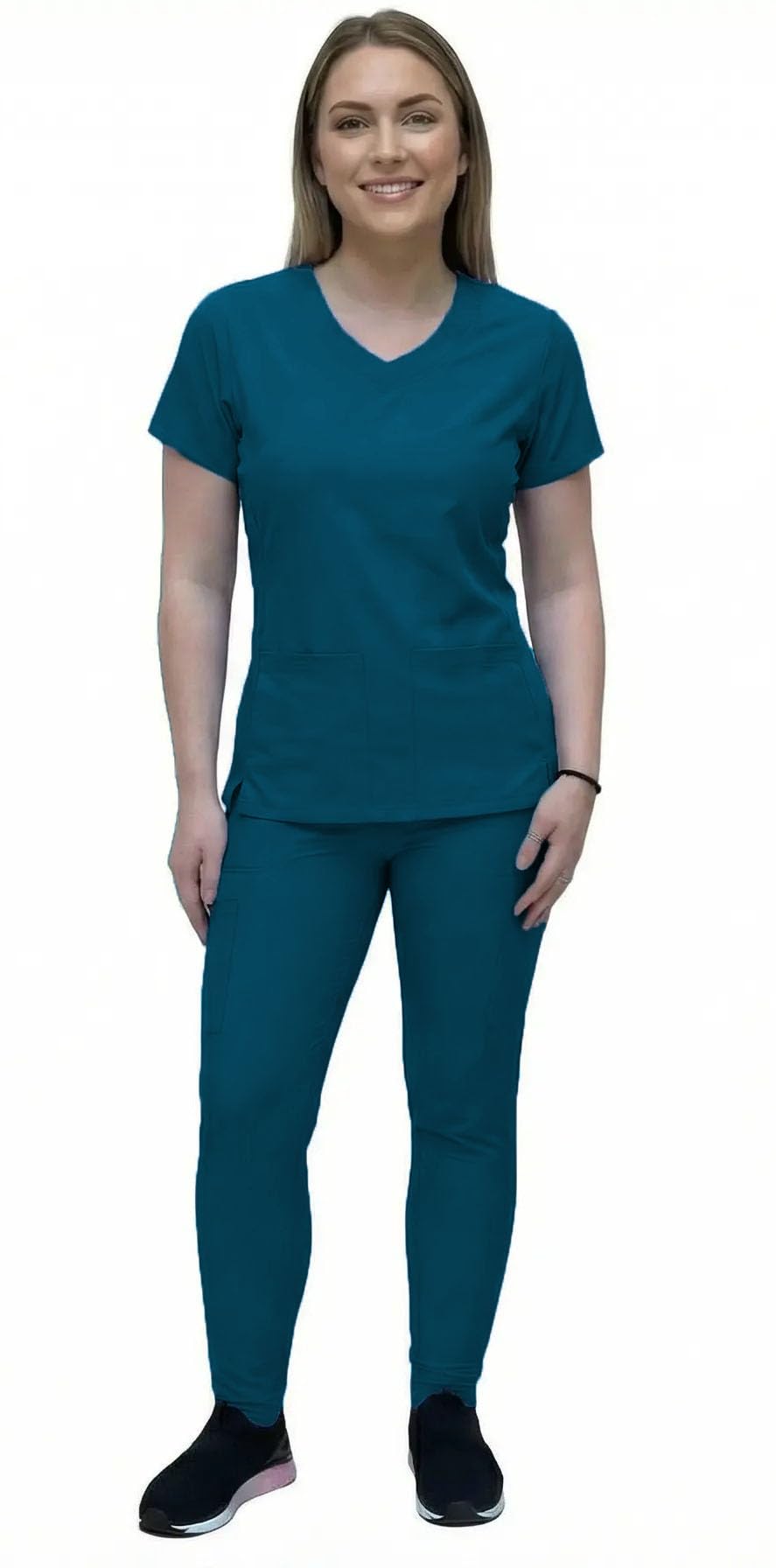 ANGIE UNIFORMS YOGAFLEX Jogger Scrubs for Women Set. Regular and PETITE. Side Spandex 2 Pockets Top with Yoga Waist Joggers. A410 (CARIBBEAN, XL) Image