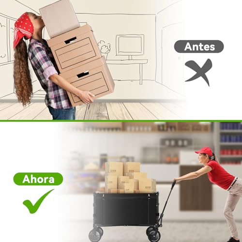 SAFONUS Carrito Plegable con Ruedas Giratorias y Puerta Lateral - Portátil para Carga Extra Larga hasta 150 Kg, Plegado Fácil por Mujeres Adultas, Transporte de Mercancías, Niños y Mascotas (Negro)