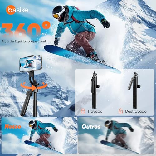 Basike Tripé para Celular 1,84m – Bastão de Selfie Dobrável Portátil com Controle Remoto, Rotação 360°, Base Quadrúpede Reforçada, Pau de Selfie com Parafuso 1/4" Compatível com Câmeras, GoPro/iPhone