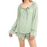 ROAONOCOMO Women Ruffle Pajama Set Long Puff Sleeve Babydoll Shirt Lace Trim Coquette Shorts Set Gingham 2 Piece Pj Outfit