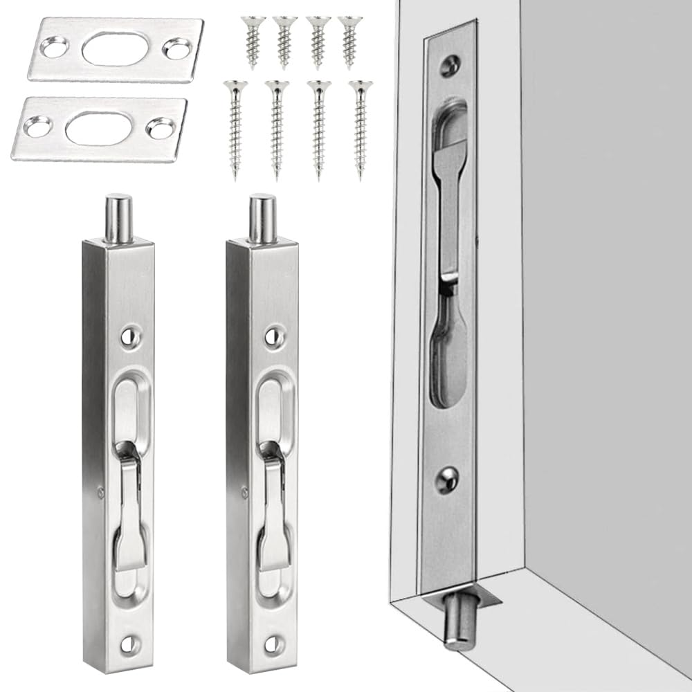 XAVSWRDE 2 Packs Door Bolt Lock Flush Bolt Latch Lock Concealed Door Security Bolts Polished Chrome Slide Door Lock 15CM Bolted Lock Replacement with Screws for Bedroom, Bathroom, Cupboard (Silver)
