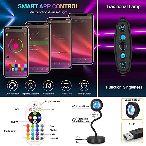 Redare Smart Sunset Lamp,Sunset Lamp projector 360 Degree Rotation,APP and Remote Control Multicolor Changing LED Sunset Lights,Upgraded Sunlight Lamp Synchronized with Music, Holidays Gift for Women