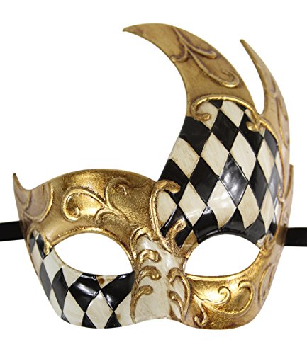 Male Venetian Statue Adult Costumes - Luxury Mask Men's Vintage Design Masquerade Mask - Black/Gold