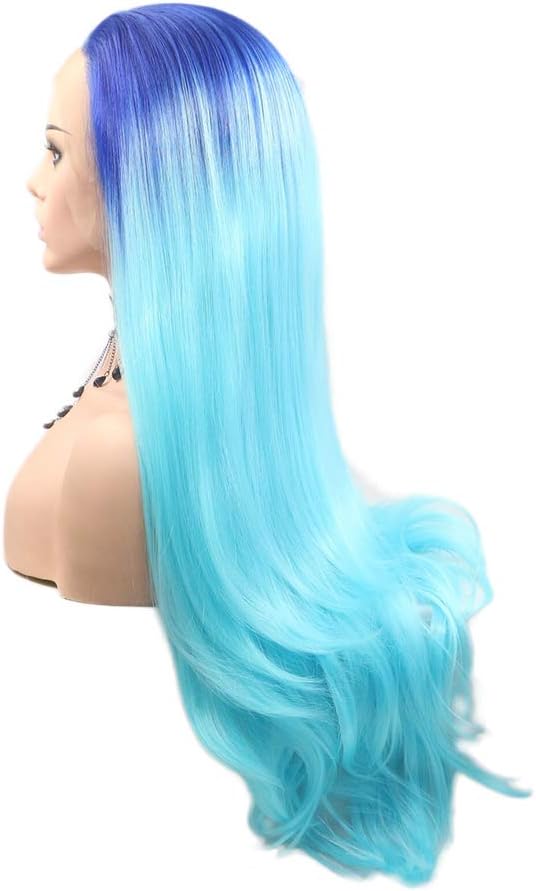Blue Ombre Wig Realistic Lace Front Wigs for Women Mixed Colorful Long Nature Wavy Synthetic Wig with Baby Hair Glueless Cheap Wig Heat Resistant Fiber Hair Drag Queen Costume Make Up 24inch - Image 4