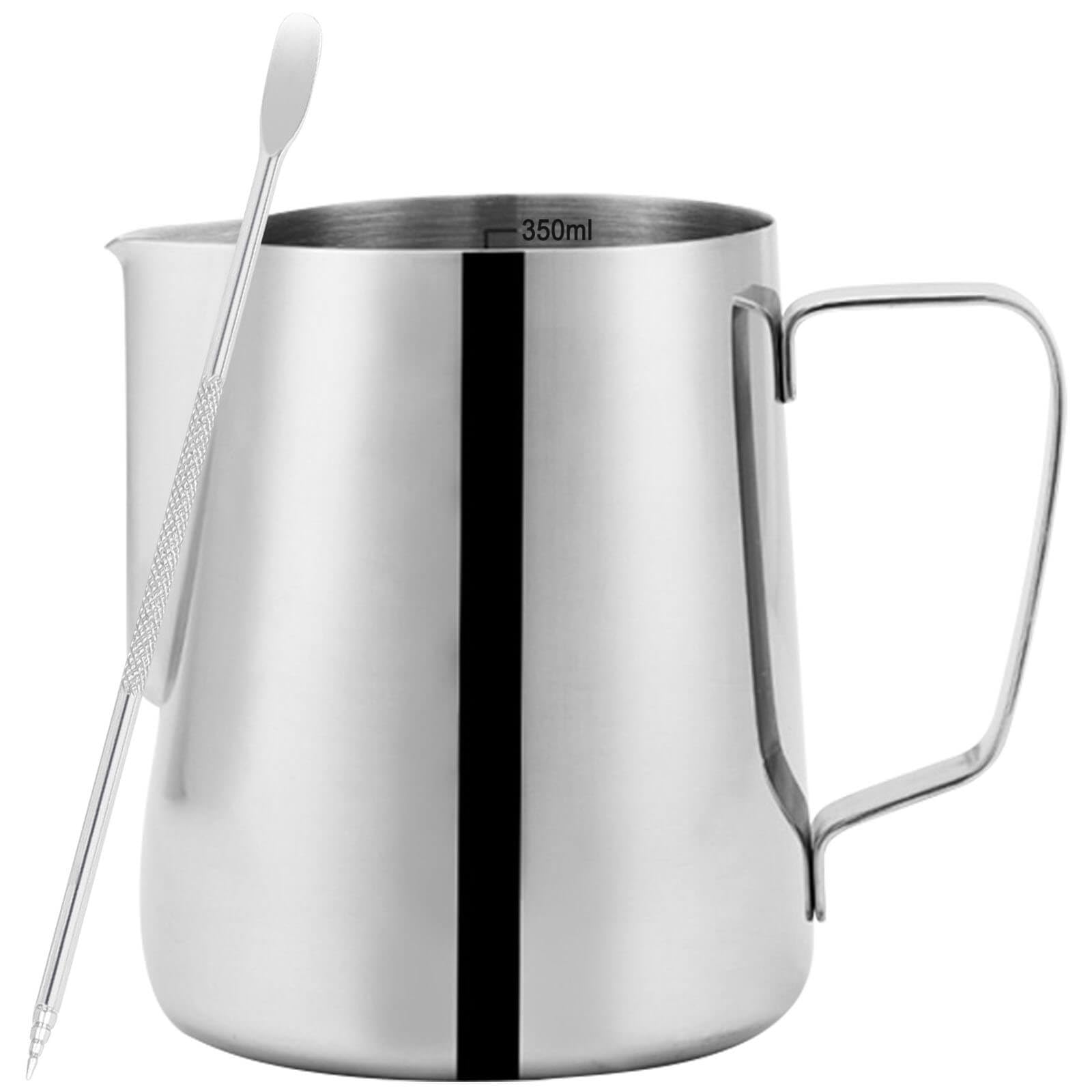 Milk Jug Stainless Steel 350 ml Stainless Steel Milk Jug with Measurement Including Latte Art Pen, Milk Pitcher Perfect for Cappuccino Espresso Latte Art Spout