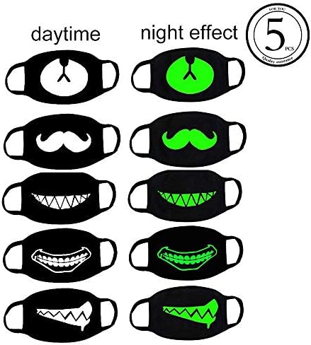 Hanjoy 5 Pack Cool Luminous Unisex Teeth Pattern Cotton Blend Anti Dust Face Mouth Mask Black for Birthday Party, Rave and Club and Masquerade Ball-Green Glow
