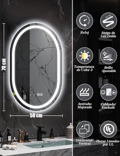 SAGIWO Espejo de Baño LED 50 * 70 cm, Espejo Inteligente Antivaho Ovalado, con Luz Ajustable en 3 Colores, Función de Hora, Instalación Vertical/Horizontal