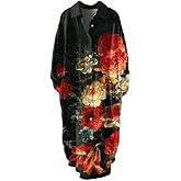 Epanus Women Casual Boho Floral Print Linen Maxi Dress Long Sleeve Button Down Lapel Loose Beach Vacation Flowy Shirt Dress