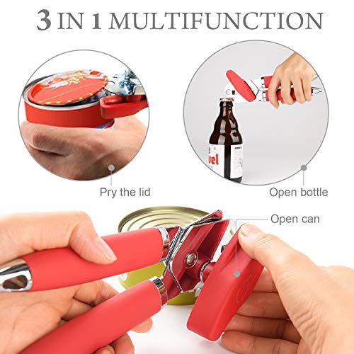 Can Opener, 3-In-1 Can Opener Hand Held Stainless Steel Can Opener Manual Smooth Edge Tin Opener Built in Bottle Opener Professional Ergonomic Anti Slip Handles Large Turn Knob Heavy Duty Sharp(Red)