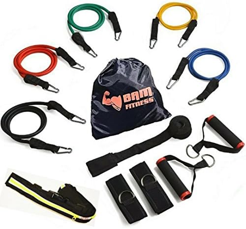 BAM Fitness 11 Piece Workout Exercise Resistance Bands and Fitness Running Storage Belt Bundle Travel Pack