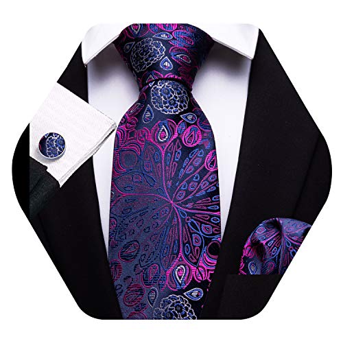 YOHOWA Purple Paisley Silk Tie Set Mens Necktie Pocket Square Cufflinks - Thumbnail 5