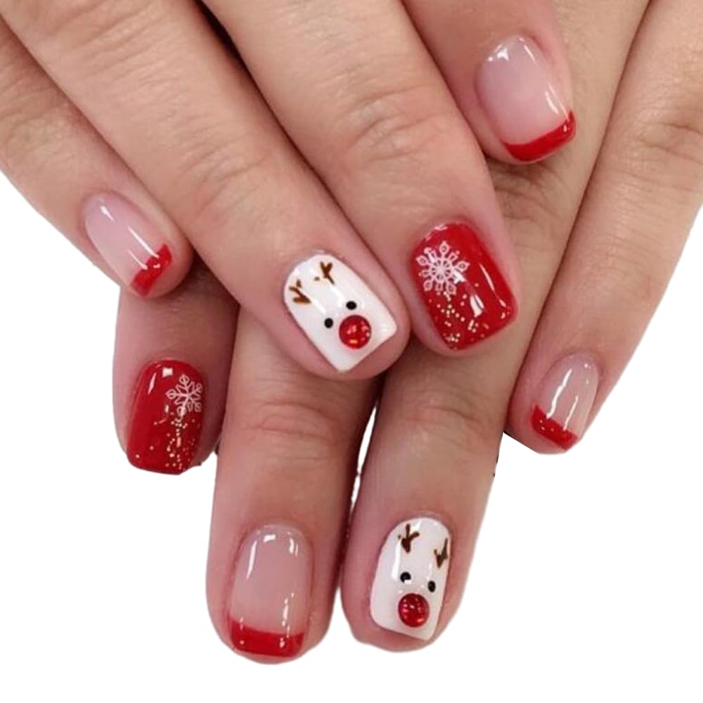MouYou 24 Stück Press on Nails Kurz,Square Nude Rot French Christmas Fake Nails Full Cover Kunstnägel mit Nagelkleber,Eckig Weihnachten Snowflake Cute Acryl Künstliche Fingernägel …