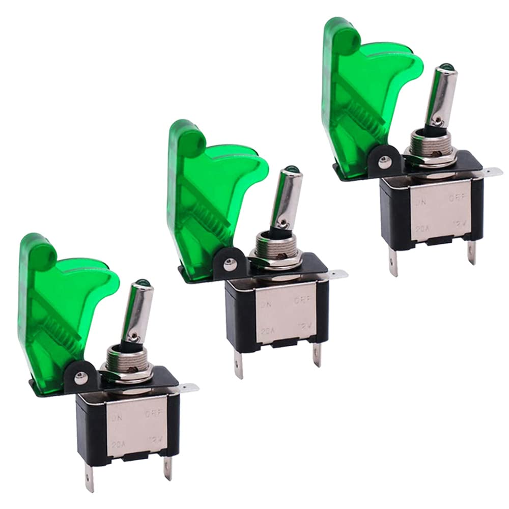 QitinDasen 3Pcs Car Toggle Switch, Green Waterproof Cover Green LED Indicator, ON-OFF 2 Position 3 Pin SPST Auto Rocker Switch, for Car Auto Truck Boat (20A/12VDC)
